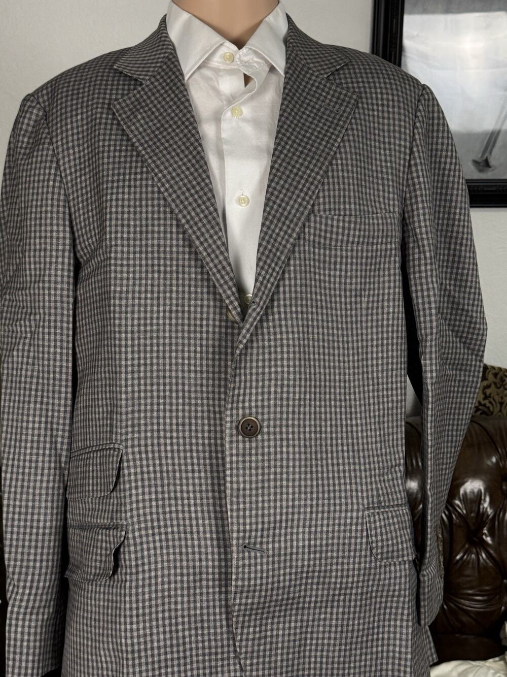 Brunello Cucinelli Gingham Plaid Wool Linen Silk Gray Blazer Sport Jacket 52/42